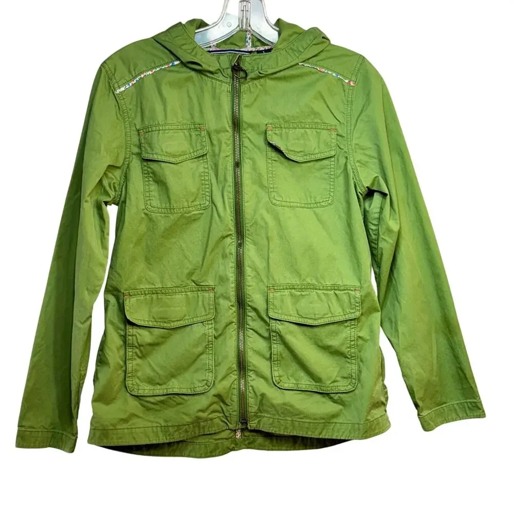 Lands' End Hooded Jacket Girls Large Size 14 Green Cotton Zip Up Unlined